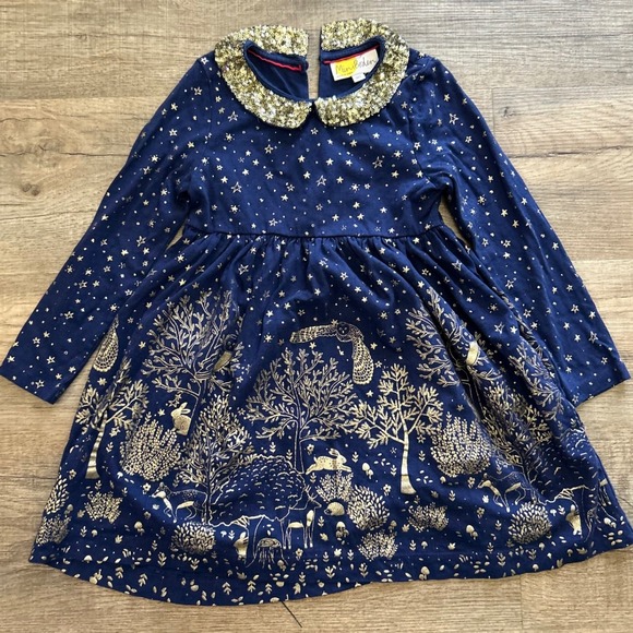 Mini Boden Other - Mini Boden Girls 5-6 Navy Gold Foil Sequin Woodland Critters Stars Dress Holiday